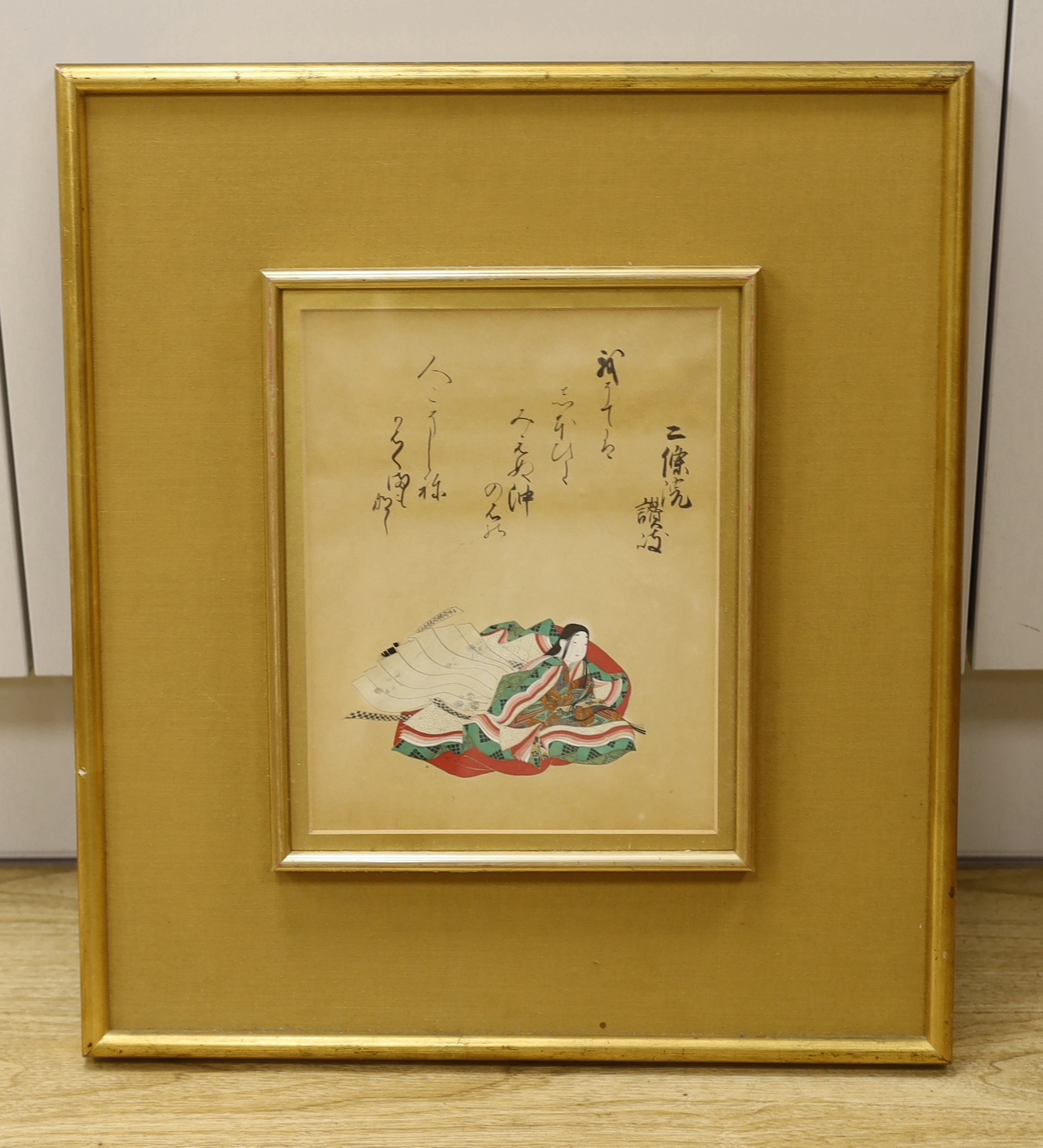 Attributed to Sumiyoshi Gukei (1631-1705), pen, ink and gouache, Album leaf from a set of the Hundred Poets No.92, 'Even at Low Tide', 25 x 19cm
